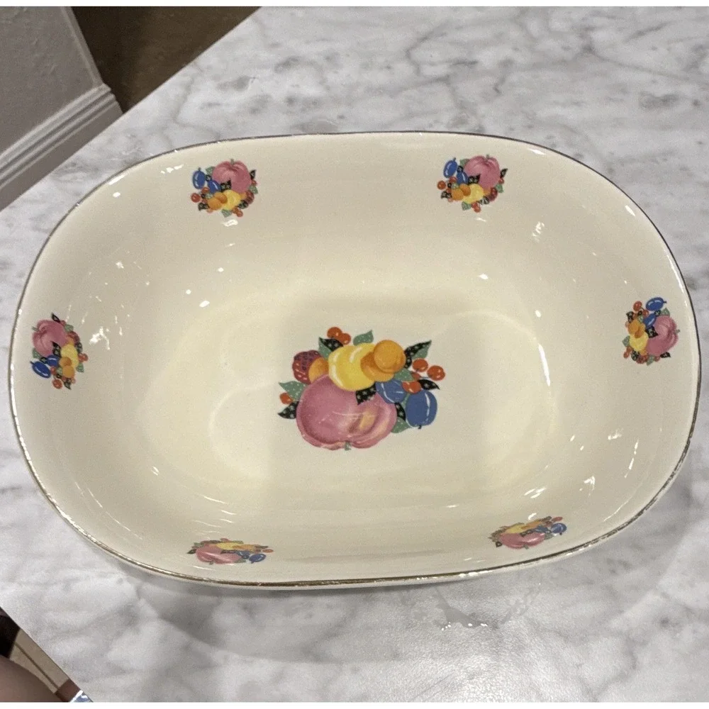 Vintage Cavitt-Shaw W.S. George 147A Fruit Oval Serving Bowl Gold Rim Cream